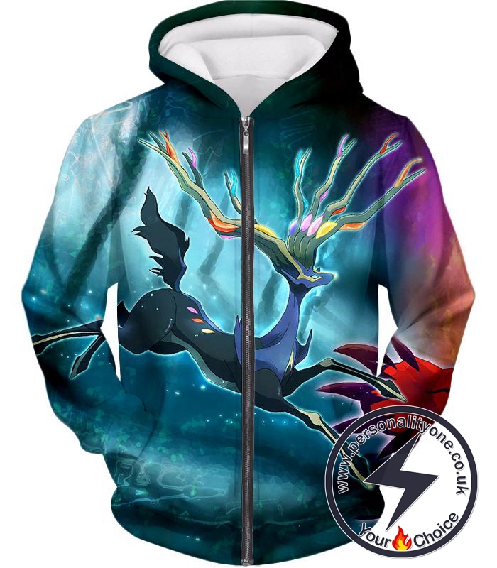 Pokemon Super Cool Fairy Rock Pokemon Xerneas Action Zip Up Hoodie